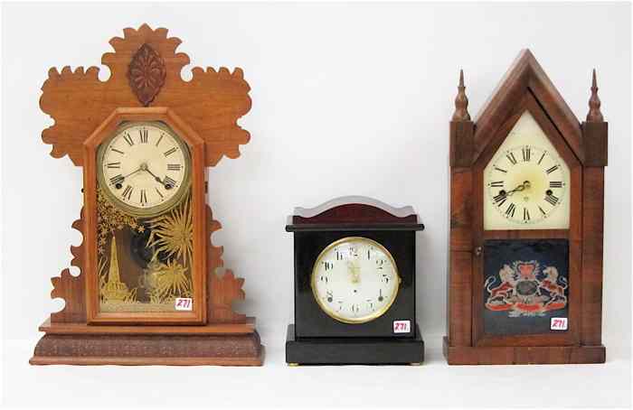 Appraisal: THREE AMERICAN MANTEL CLOCKS ''H kitchen clock Ansonia steeple clock