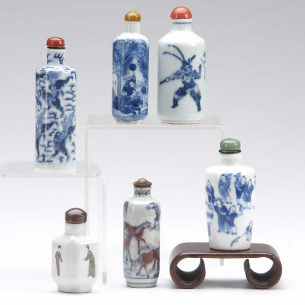 Appraisal: CHINESE PORCELAIN SNUFF BOTTLES Six bottles four underglaze blue one