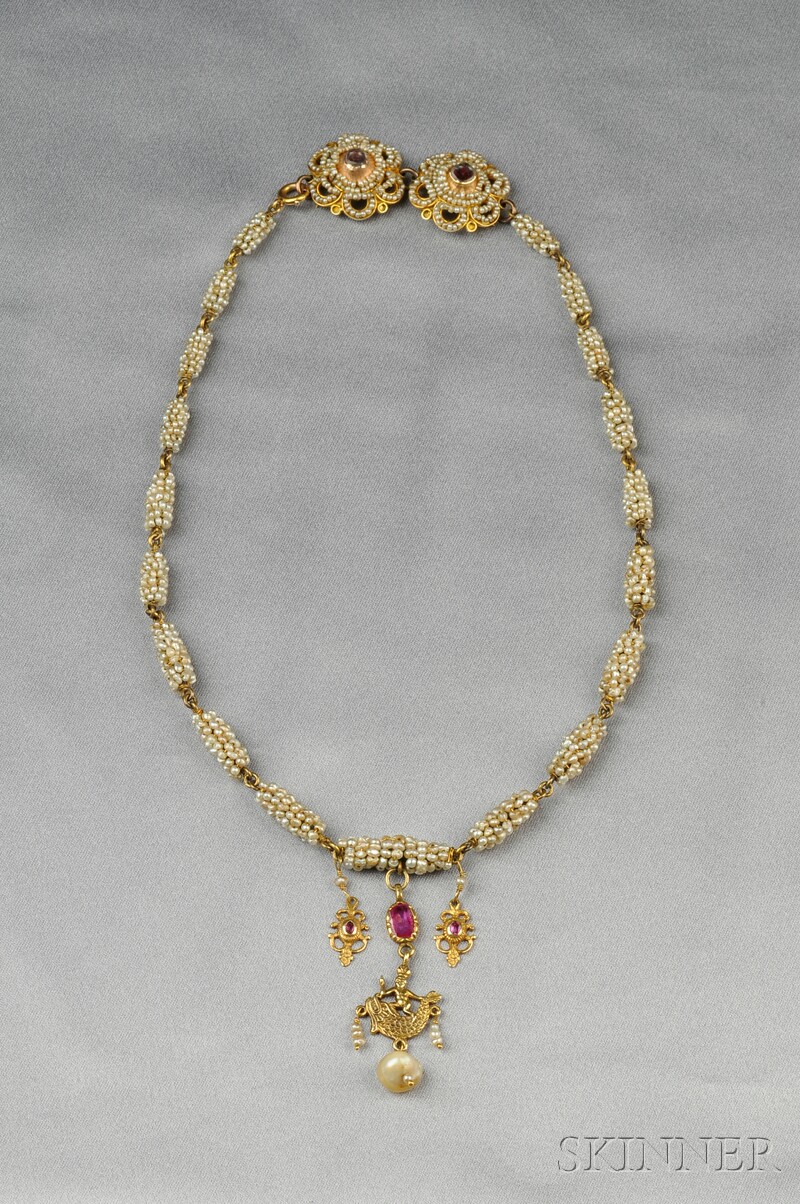 Appraisal: Antique Pearl and Ruby Necklace the chain composed of seed