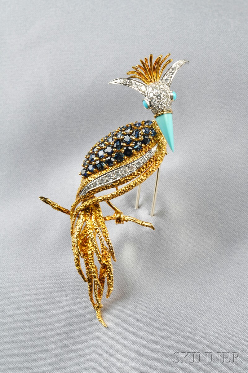 Appraisal: kt Gold Gem-set Exotic Bird Brooch the circular-cut sapphire and