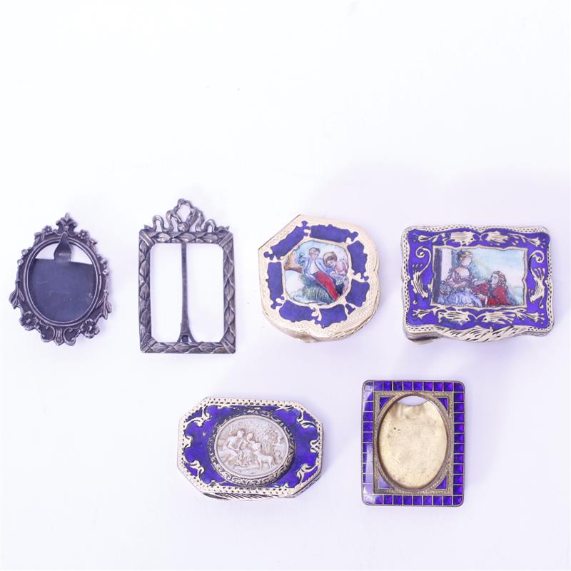 Appraisal: Six Continental enamel and silver snuff boxes and miniature frames