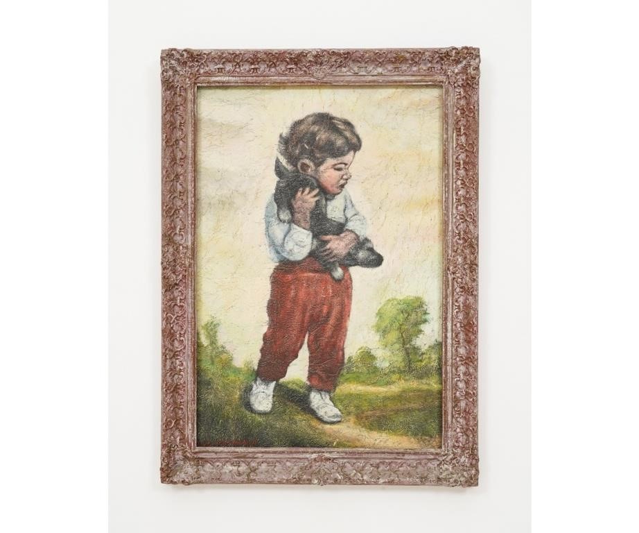 Appraisal: Cseszneci oil on board Calendar Boy mounted in an ornate