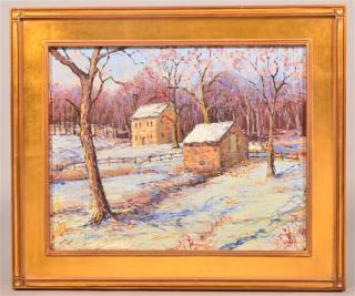 Appraisal: Jim Lukens Winter Farm Scene Oil on Canvas Painting Pennsylvania