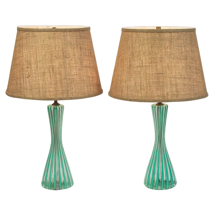 Appraisal: Venini table lamps pair clear white and light green latticino