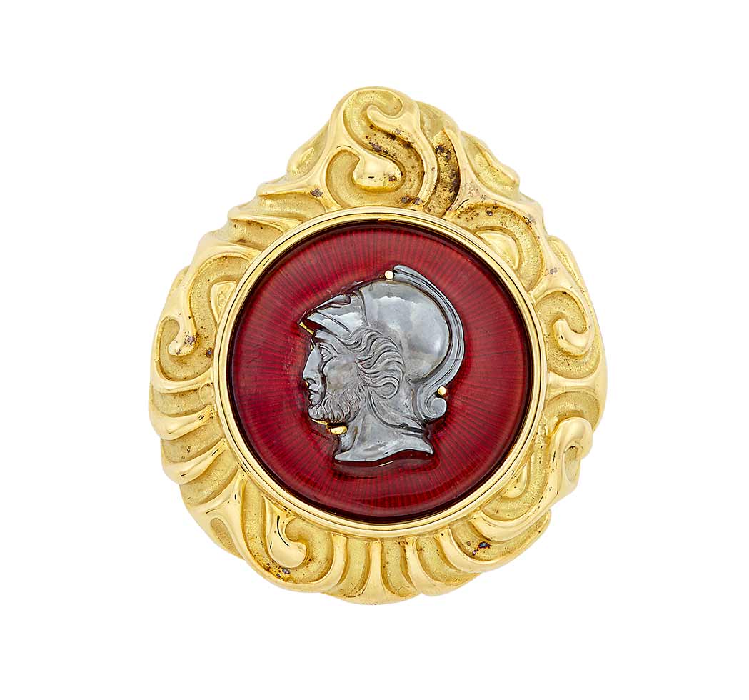 Appraisal: Gold Hematite Cameo and Red Enamel Brooch Elizabeth Gage kt