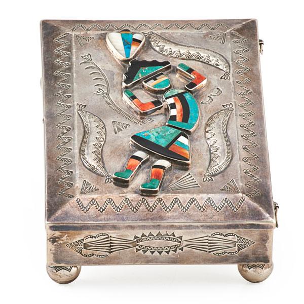 Appraisal: NATIVE AMERICAN SILVER BOX Depicts turquoise Navajo figure on ball