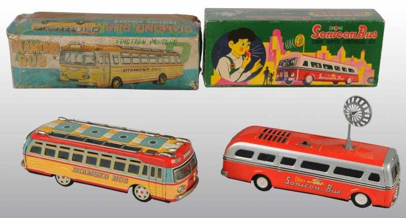 Appraisal: Lot of Tin Litho Bus Toys Description Japanese Working Includes