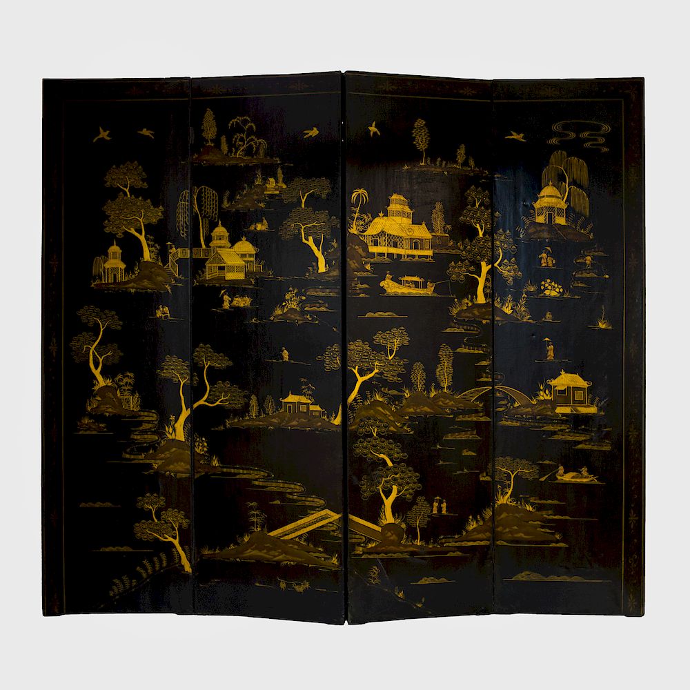 Appraisal: Chinoiserie Painted and Parcel-Gilt Canvas Four Panel Screen Decorated with