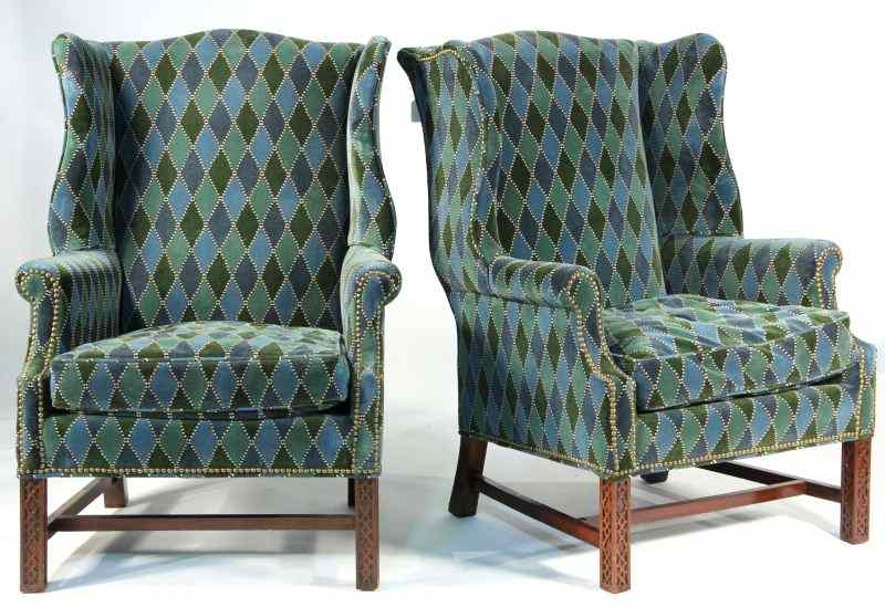 Appraisal: Pair of Chippendale Style Wing Chairs th century mahogany blue