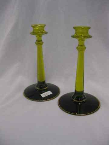 Appraisal: Pair of Vaseline Glass Candlesticks deco era ''