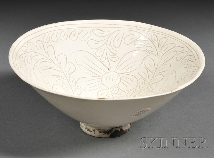 Appraisal: Conical Stoneware Bowl China c s ivory glaze with engraved