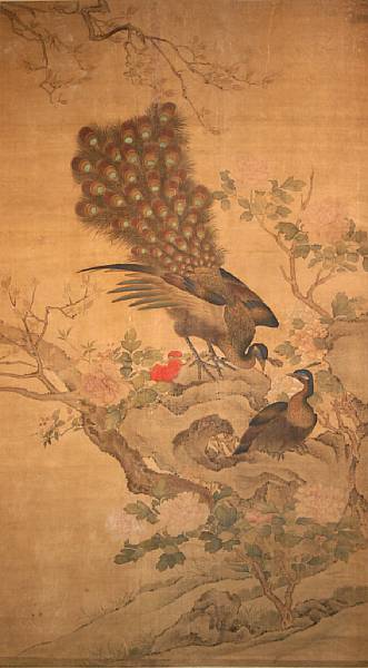 Appraisal: Property of various owners Peacocks Large hanging scroll ink and