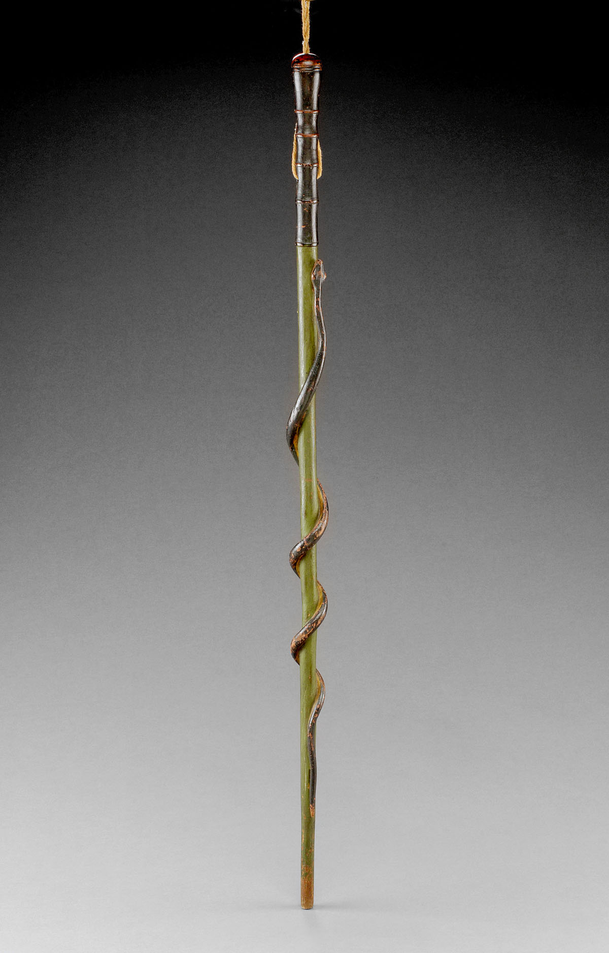 Appraisal: AMERICAN FOLK ART CARVED AND GREEN PAINTED WALKING STICK WITH