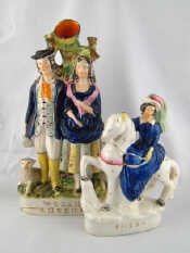 Appraisal: Staffordshire flatbacks Welsh Shepherds ht cm and Queen on horseback