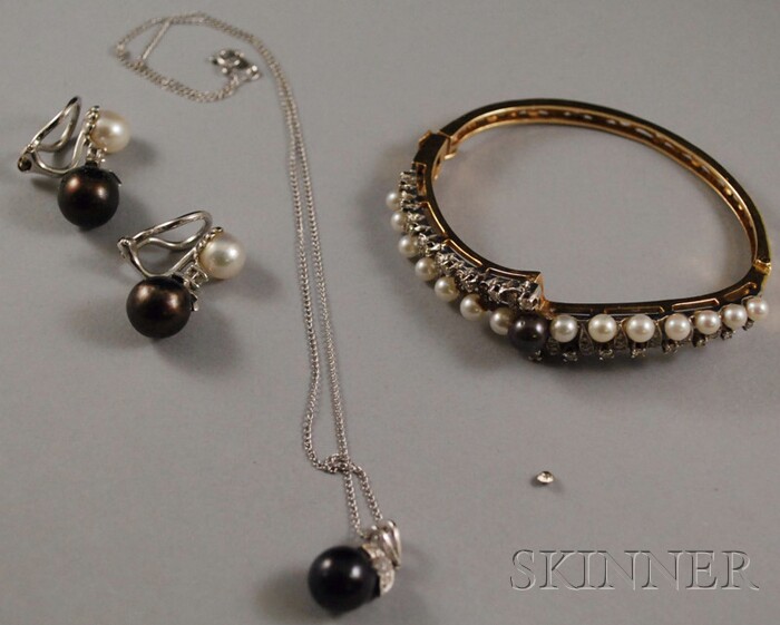 Appraisal: Small Group of Black and White Pearl Gold and Diamond