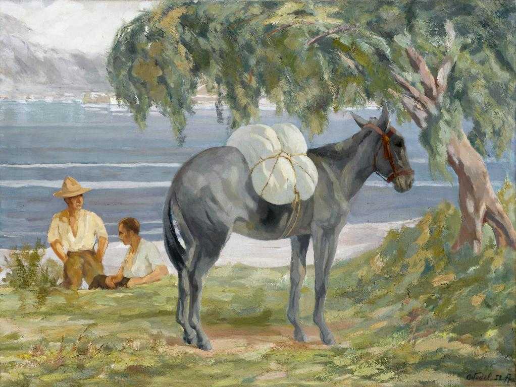 Appraisal: AUGUST WEDEL - TWO MEN WITH A LADEN MULE ON