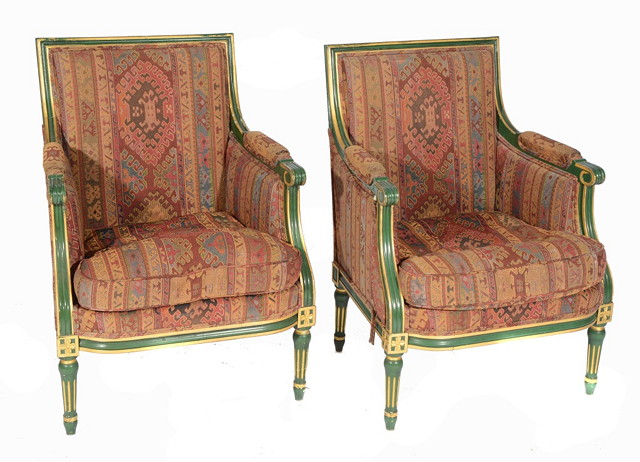 Appraisal: A PAIR OF PAINTED GREEN FRENCH STYLE ARMCHAIRS with gilt