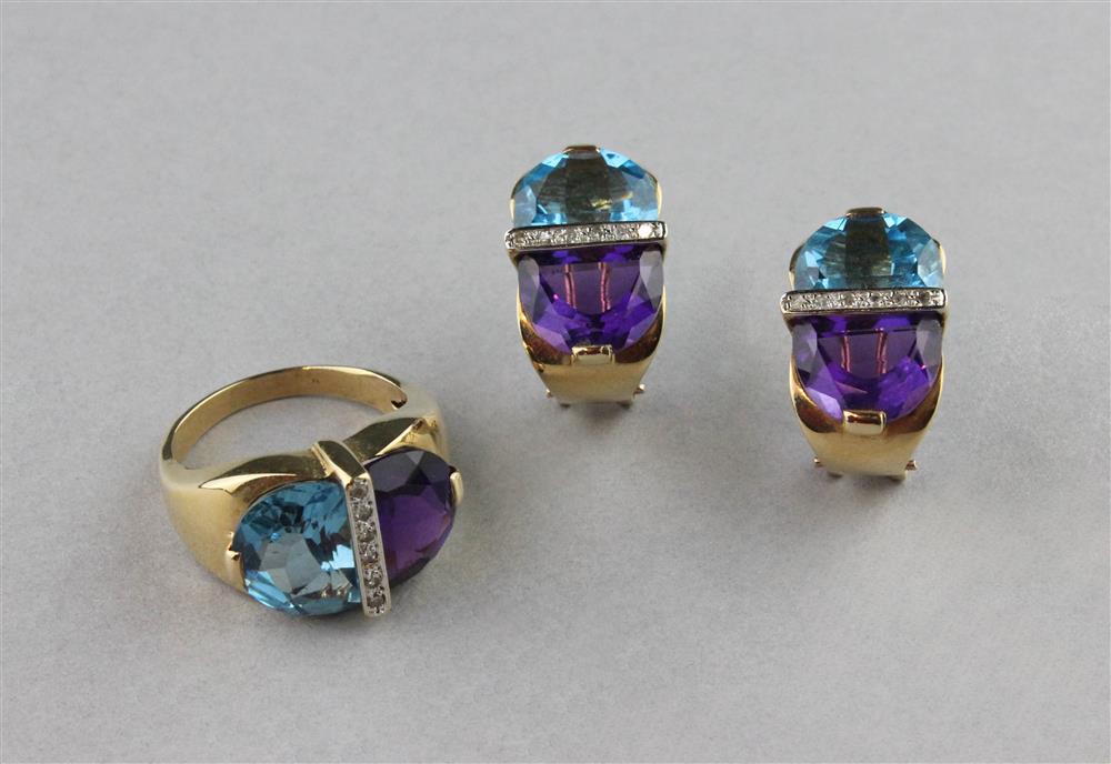 Appraisal: AMETHYST BLUE TOPAZ AND DIAMOND RING WITH MATCHING EARRINGS ALL