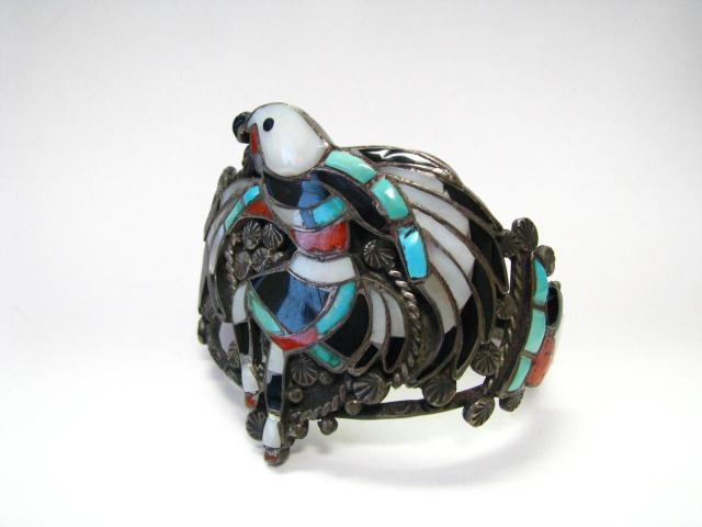 Appraisal: Native American sterling inlaid cuff bracelet depicting The Bird Man