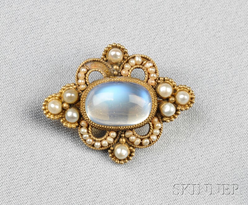 Appraisal: Edwardian Moonstone and Seed Pearl Brooch Marcus Co bezel-set with