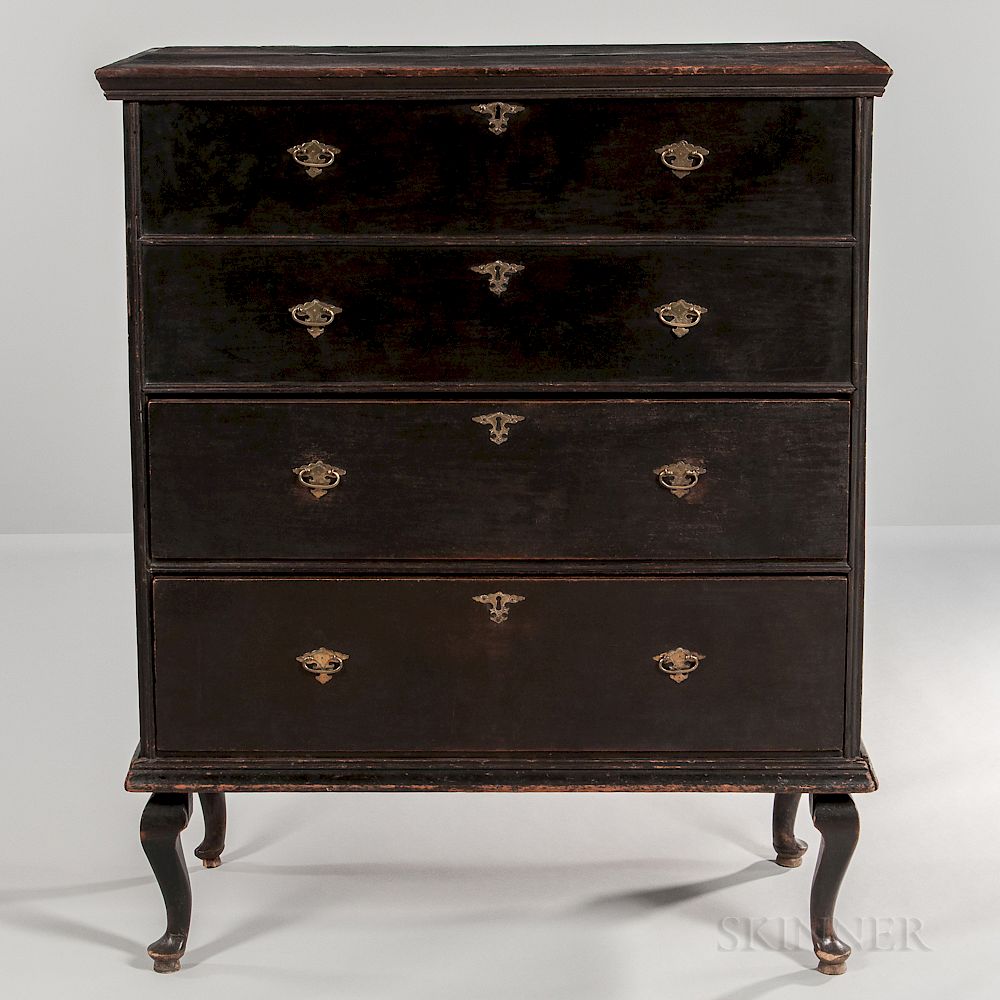 Appraisal: Black-painted Chest over Drawers on Bandy Legs Black-painted Chest over