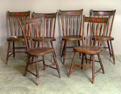 Appraisal: Set of six painted plank bottom chairs th c