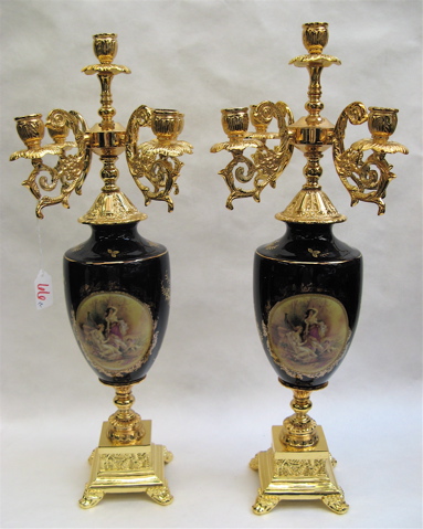 Appraisal: PAIR PORCELAIN GILT METAL CANDELABRA five light having cartouche decorations