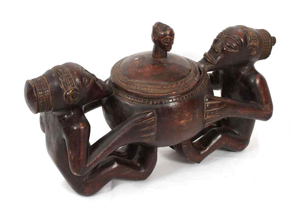 Appraisal: CARVED AFRICAN LUBA DOUBLE FIGURE POT - CONGA LBS ''