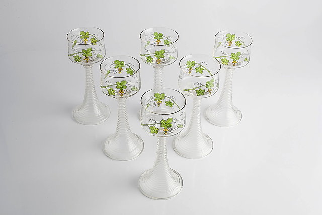 Appraisal: Art NouveauSet of six German hock glassesdecorated in enamel with