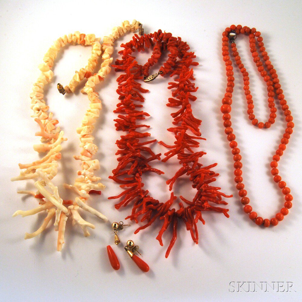 Appraisal: Four Pieces of Coral Jewelry two branch coral necklaces one