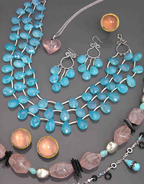 Appraisal: Suite of Blue Chalcedony Jewelry Consisting of a three-strand bib