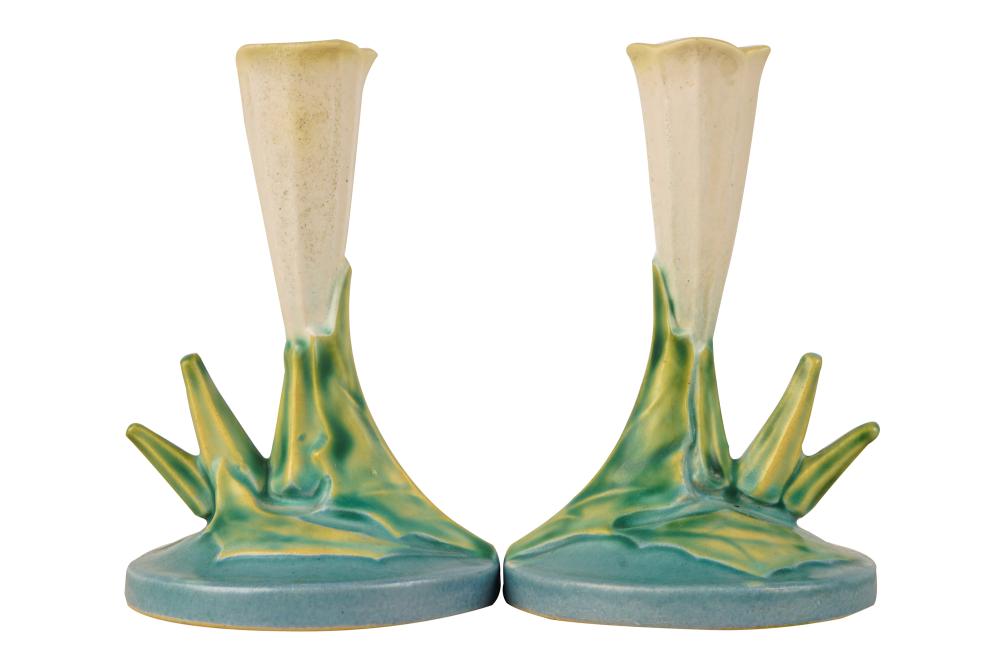 Appraisal: PAIR OF ROSEVILLE THORN APPLE CANDLESTICKSstamped underside - inches high