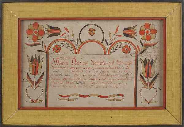 Appraisal: Pennsylvania Schwenkfelder watercolor and ink on paper fraktur birth record