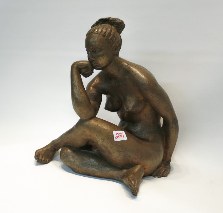 Appraisal: PATINATED CAST BRONZE SCULPTURE of a seated woman in a