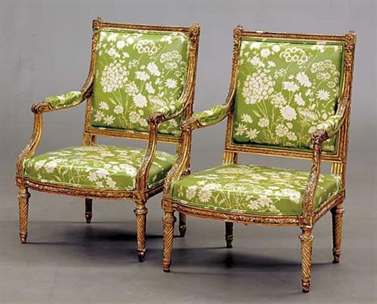 Appraisal: Pair Louis XVI style carved giltwood armchairs third quarter th