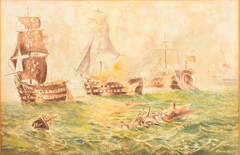 Appraisal: Watercolor Painting Depicting Ships at Battle Unsigned th Century Watercolor