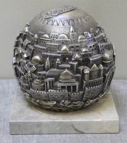 Appraisal: JUDAICA Silver Jerusalem Cityscape Globe Signed Jerusalem on ribbon to