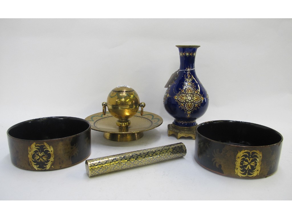 Appraisal: French enamelled vase Eastern cigar case two lacquered bottle coasters