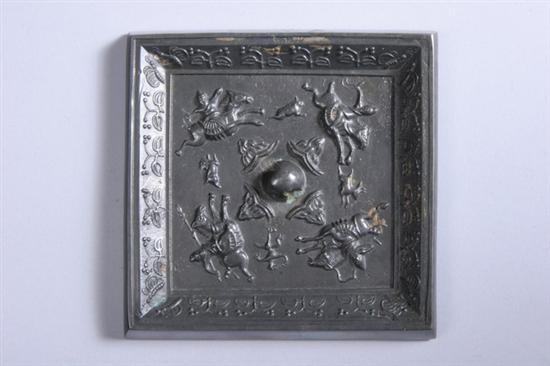 Appraisal: CHINESE BRONZE MIRROR Tang Dynasty or later Square-form with warriors