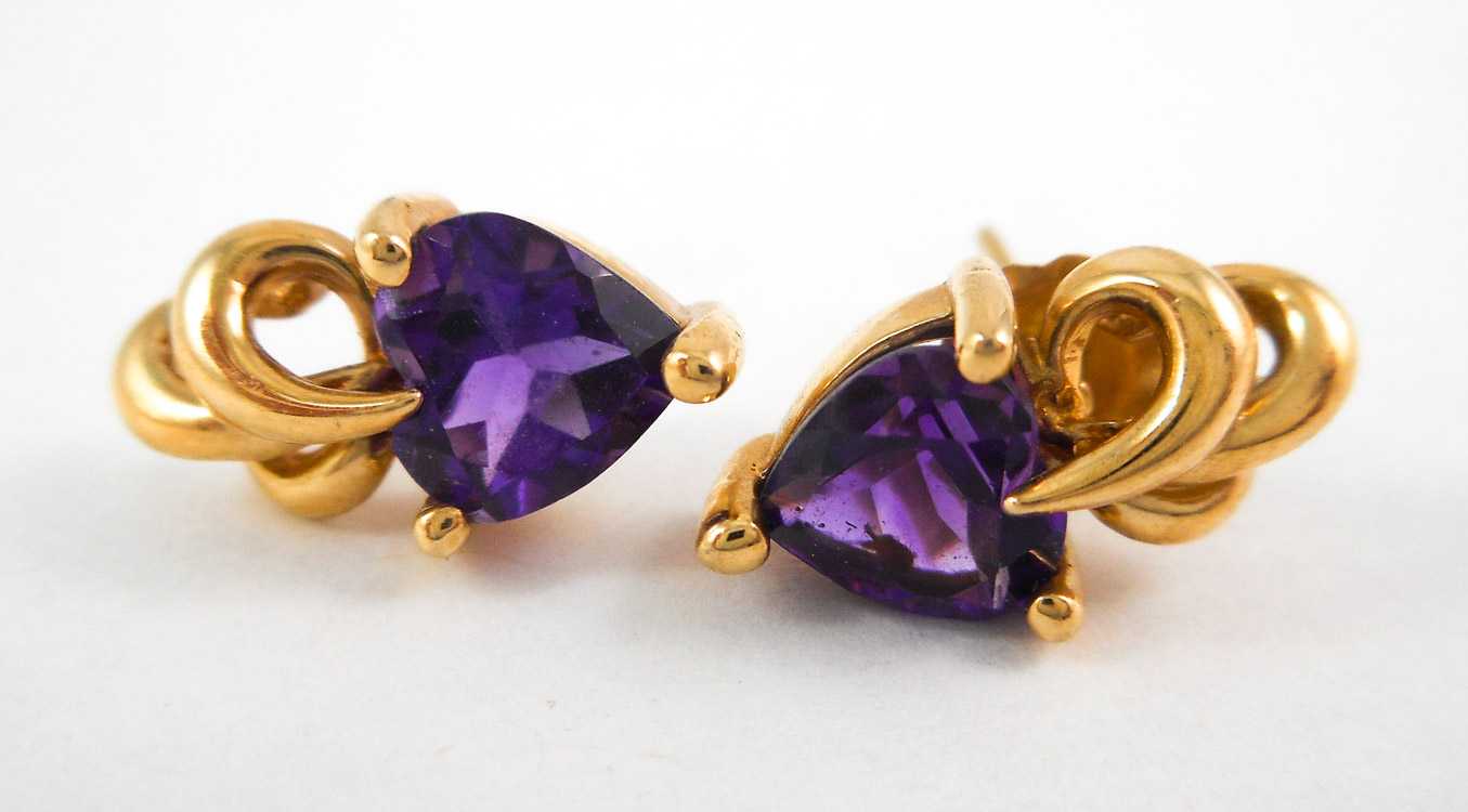 Appraisal: PAIR OF HEART-CUT AMETHYST EARRINGS each k yellow gold set