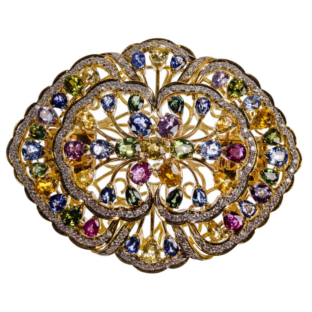 Appraisal: K YELLOW GOLD SAPPHIRE AND DIAMOND BROOCHHaving multi colored gemstones