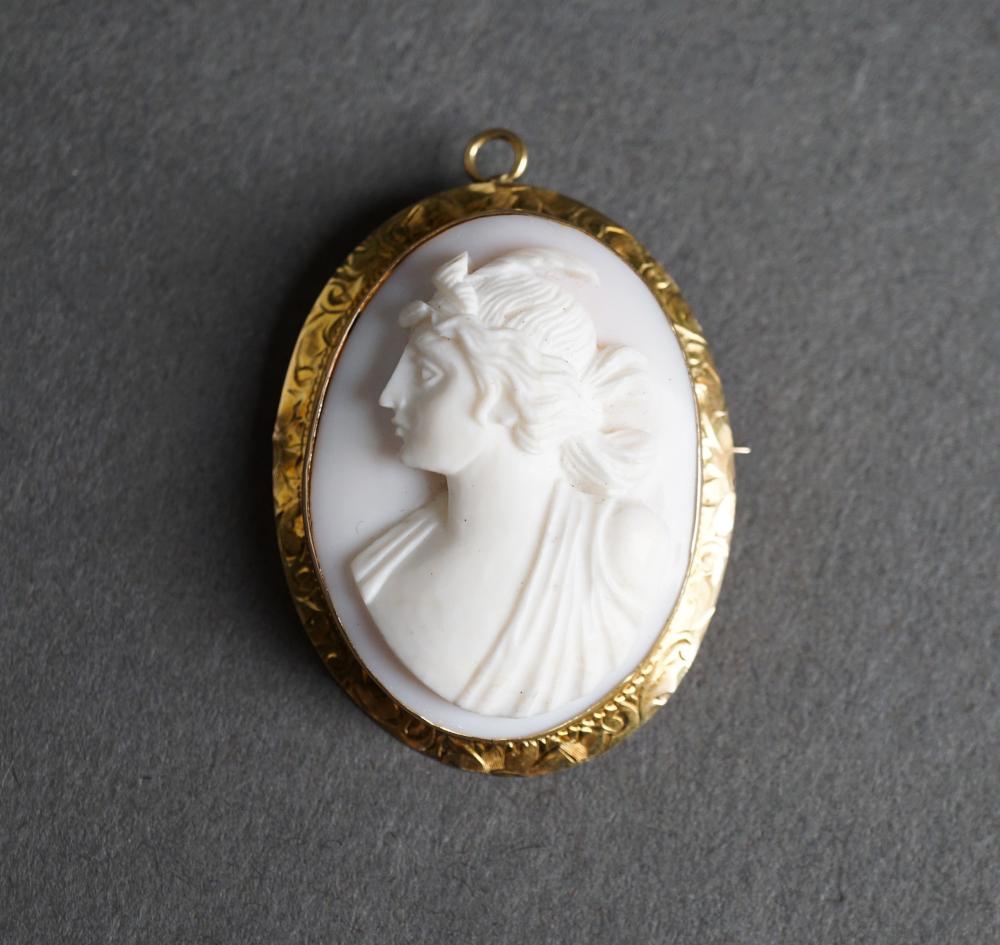 Appraisal: TESTED -KARAT YELLOW-GOLD AND CARVED ANGEL SKIN CORAL CAMEO PENDANT-BROOCH