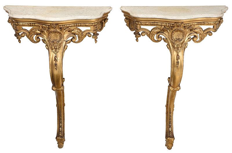 Appraisal: Pair Louis XV Style Giltwood Marble Top Consoles French or