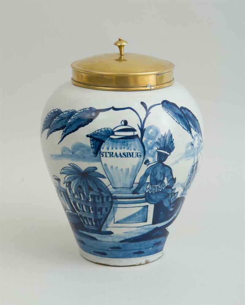 Appraisal: DUTCH BLUE AND WHITE DELFT TOBACCO JAR 'STRAASBUG' WITH BRASS