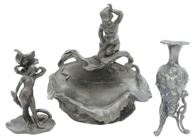 Appraisal: lot of French decorative figural pewter items comprising basin depicting