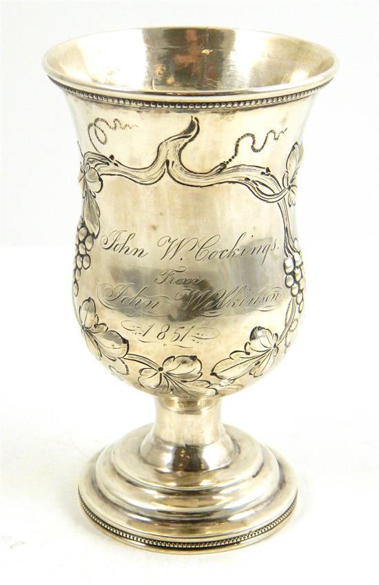 Appraisal: SILVER Goblet unmarked American th C grape and vine repousse