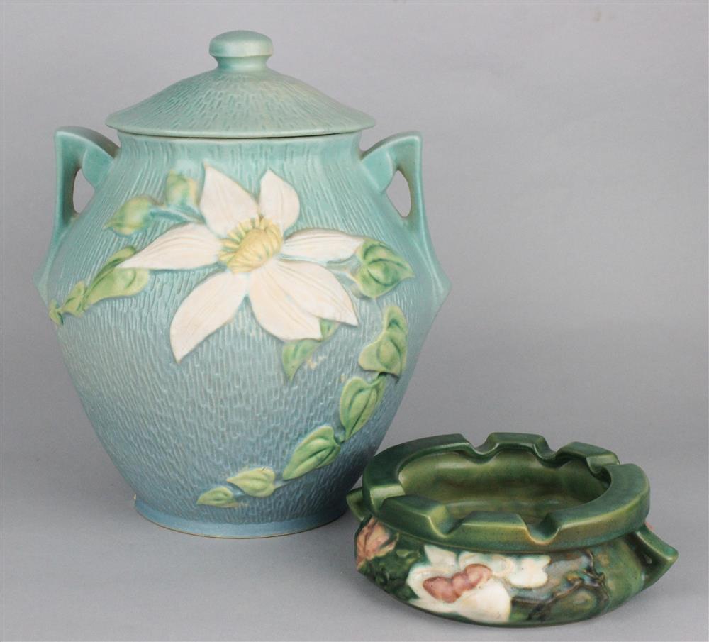 Appraisal: ROSEVILLE CLEMATIS COOKIE JAR AND MAGNOLIA ASHTRAY cookie jar signed