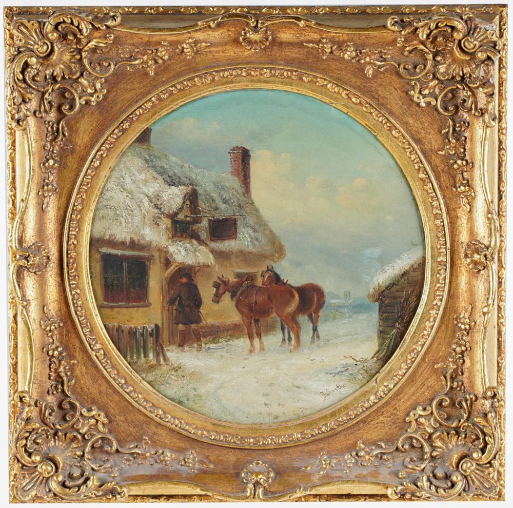 Appraisal: THOMAS SMYTHE - FIGURE HORSES BEFORE A TAVERN IN WINTERoil