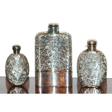 Appraisal: Group of Three Silver Overlay Glass Flasks Estimate -