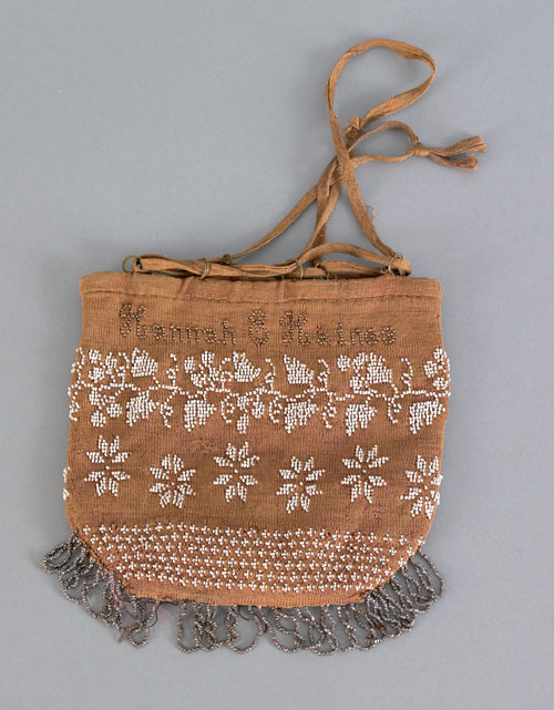 Appraisal: Homespun linen purse with beaded decoration and the name Hannah